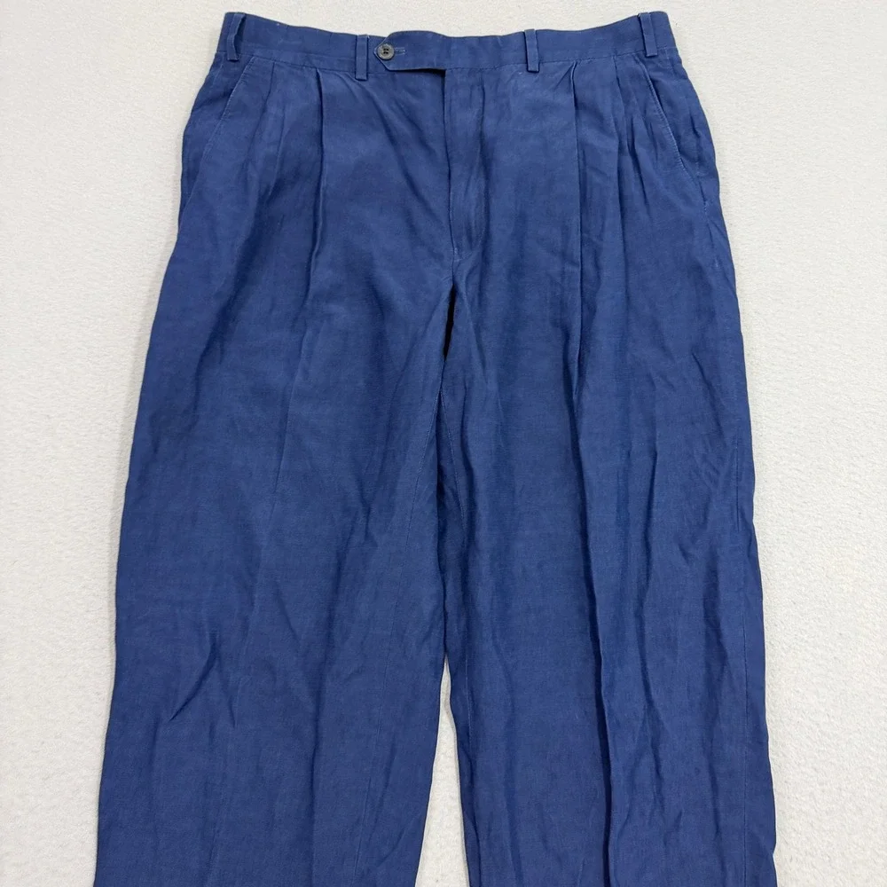 Vintage Samuelsohn Linen Pants Men's 34x30 Blue Pleated Trousers Dress Loose Fit